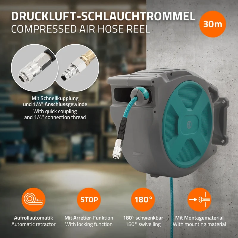 Druckluft Schlauchtrommel Automatik 30 m 1/4" Anschluss für Wandmontage