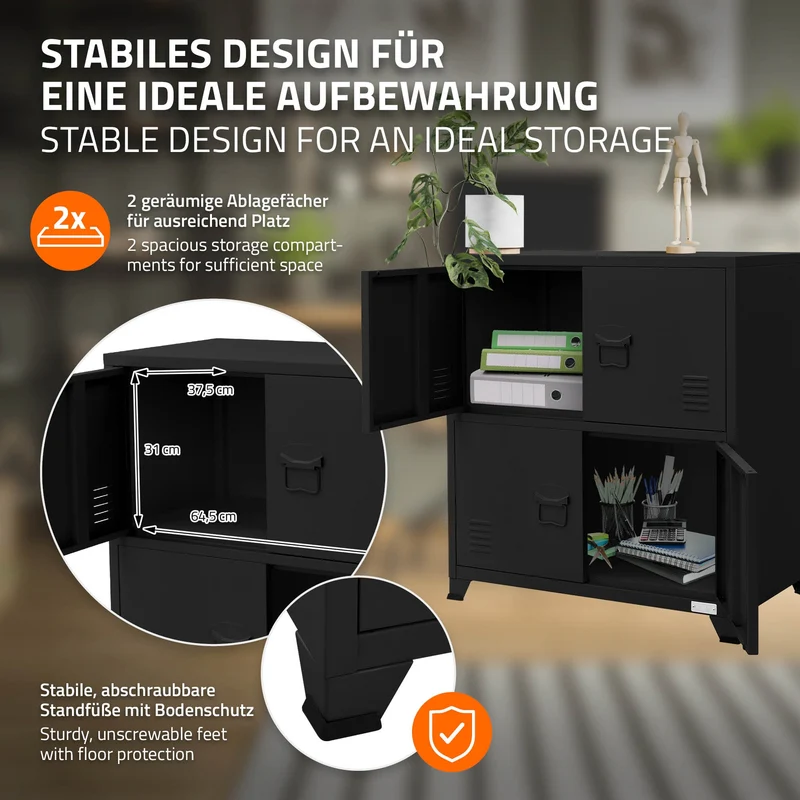 B-Ware Büroschrank mit zwei Ebenen Magnetverschluss 75x40x80,5 cm Schwarz aus Stahl ML-Design