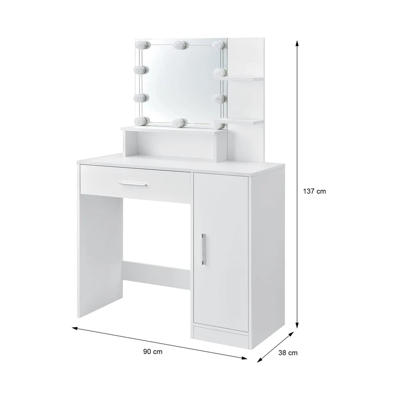 Schminktisch Frisiertisch 90x38x137 cm in Weiß mit LED Beleuchtung, Spiegel, Schublade, Schrank & 3 Ablagen ML-Design