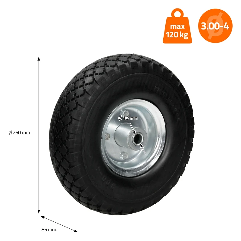 4er Set Schubkarrenrad Ø 260x85 mm / 3.00-4 Schwarz mit Kugellager und Stahfelge aus PU Vollgummi