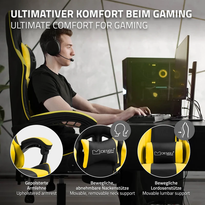 B-Ware Massage Gaming Stuhl Schwarz/Gelb aus PU-Leder ML-Design