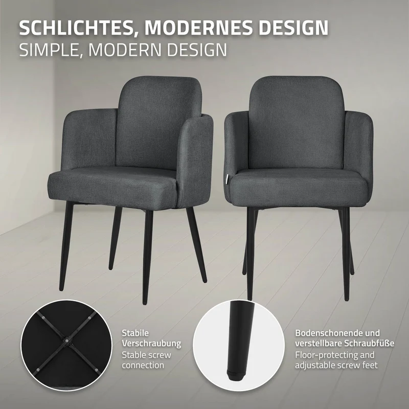 4er Set Esszimmerstühle mit Rücken- & Armlehne Anthrazit mit Metallbeinen bis 120 kg ML-Design