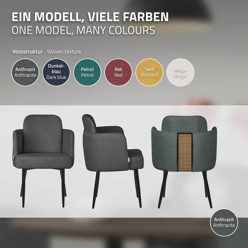 4er Set Esszimmerstühle mit Rücken- & Armlehne Anthrazit mit Metallbeinen bis 120 kg ML-Design