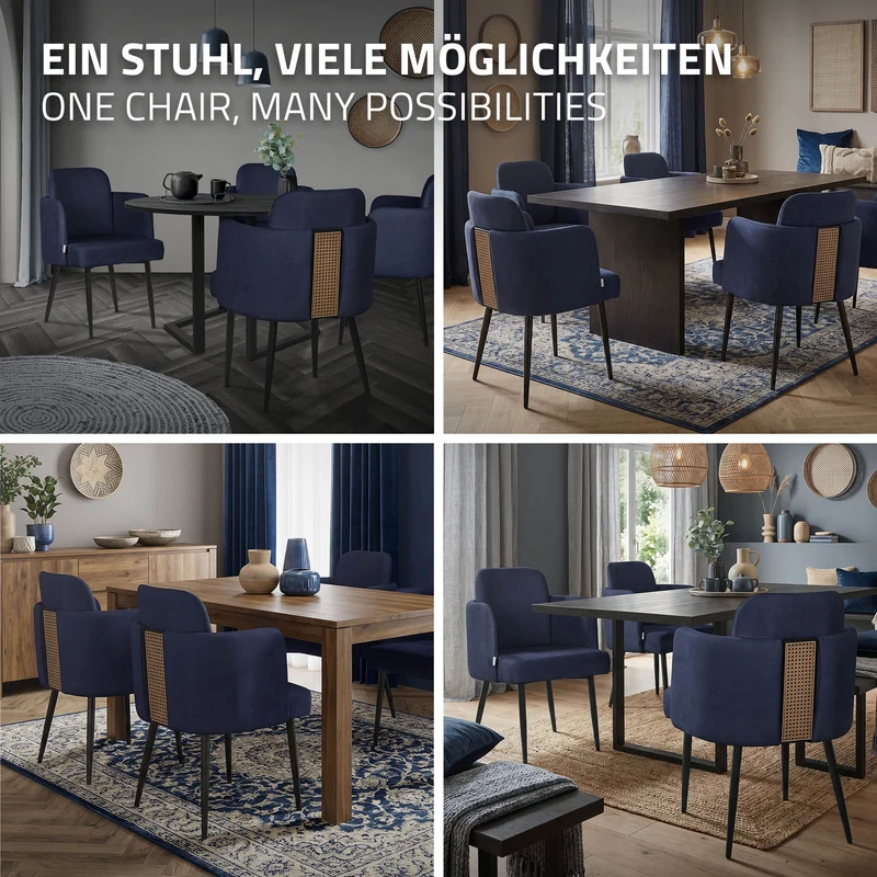 6er Set Esszimmerstühle mit Rücken- & Armlehne Dunkelblau mit Metallbeinen bis 120 kg ML-Design