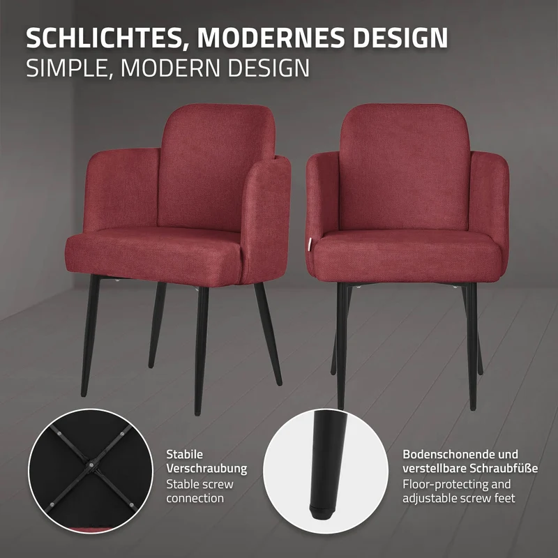 6er Set Esszimmerstühle mit Rücken- & Armlehne Rot mit Metallbeinen bis 120 kg ML-Design