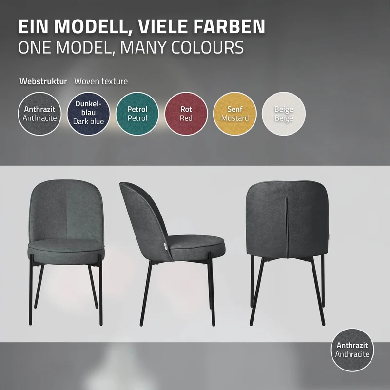 Esszimmerstühle 6er Set Anthrazit mit Rückenlehne, Polsterstühle für Esszimmer & Küche ML-Design