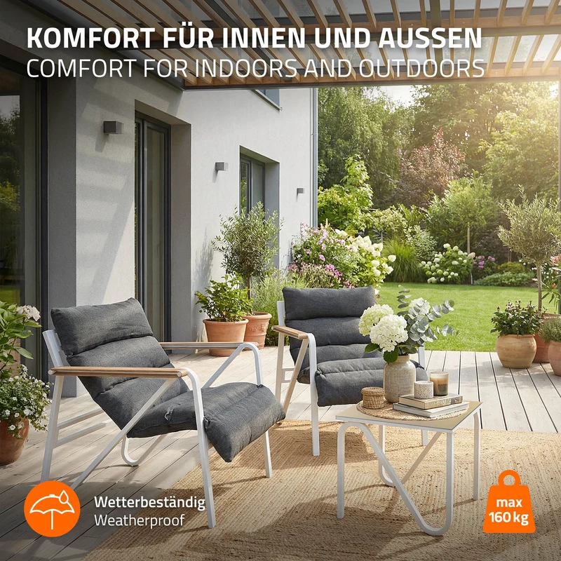 Gartenmöbel Set 3 tlg Weiß-Grau Sitzgruppe mit 2 Stühlen, Tisch & Sitzkissen Stahlgestell wetterfest ML-Design