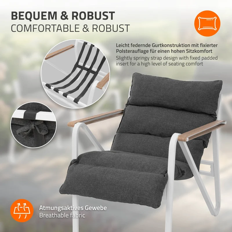 Gartenmöbel Set 3 tlg Weiß-Grau Sitzgruppe mit 2 Stühlen, Tisch & Sitzkissen Stahlgestell wetterfest ML-Design