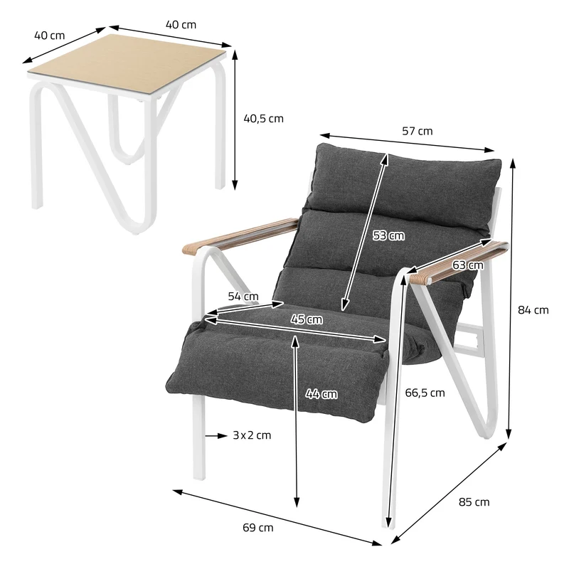 Gartenmöbel Set 3 tlg Weiß-Grau Sitzgruppe mit 2 Stühlen, Tisch & Sitzkissen Stahlgestell wetterfest ML-Design