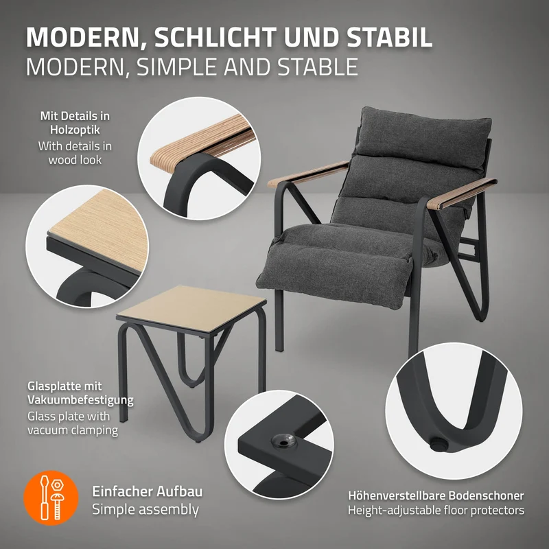 Gartenmöbel Set 3 tlg Anthrazit-Grau Sitzgruppe mit 2 Stühlen, Tisch & Sitzkissen Stahlgestell wetterfest ML-Design