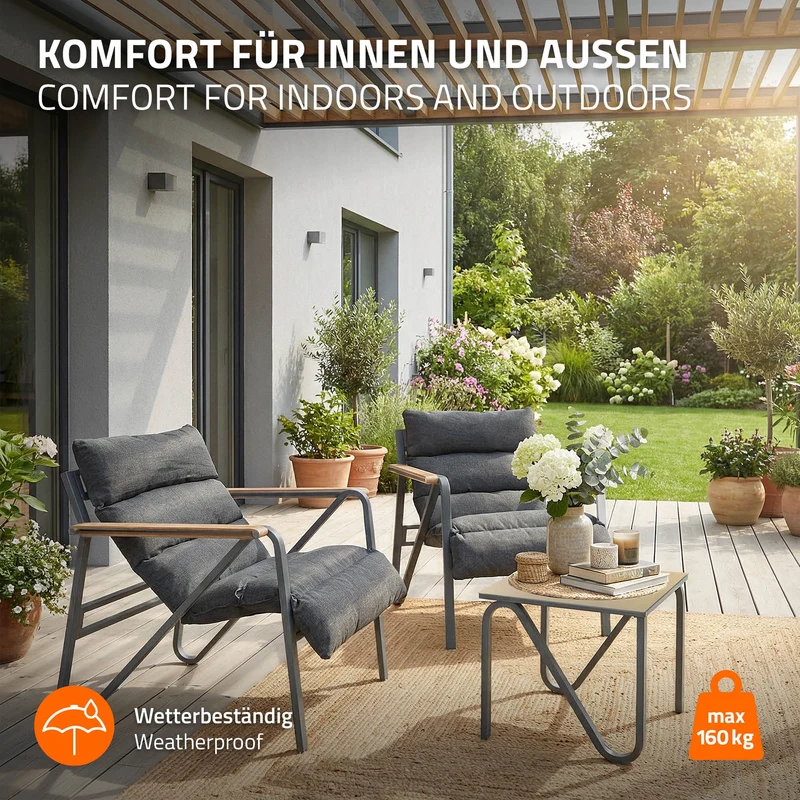 Gartenmöbel Set 3 tlg Anthrazit-Grau Sitzgruppe mit 2 Stühlen, Tisch & Sitzkissen Stahlgestell wetterfest ML-Design