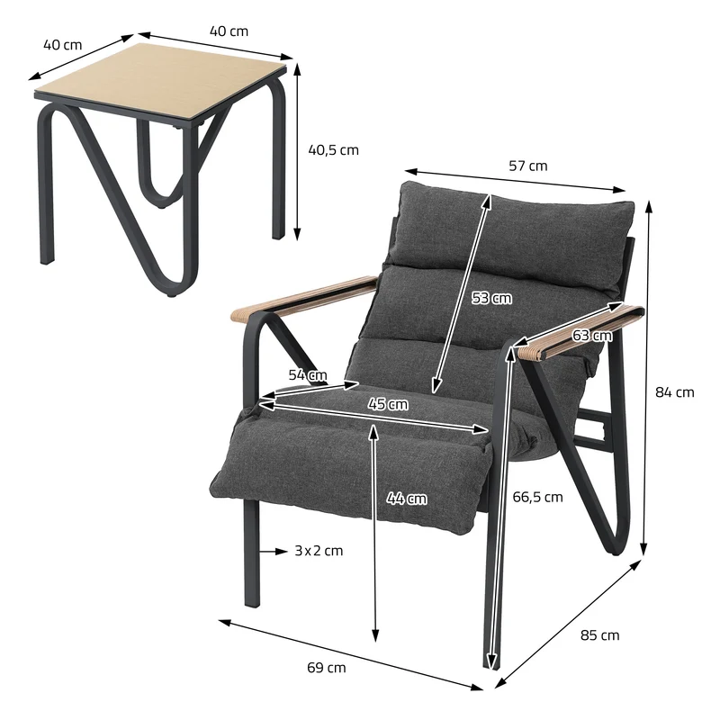 Gartenmöbel Set 3 tlg Anthrazit-Grau Sitzgruppe mit 2 Stühlen, Tisch & Sitzkissen Stahlgestell wetterfest ML-Design
