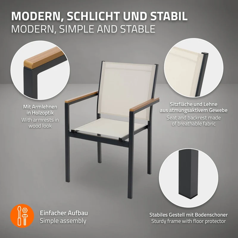 Gartenstühle 2er Set mit Armlehnen Beige aus Textilene, Balkonstuhl mit Aluminiumgestell ML-Design