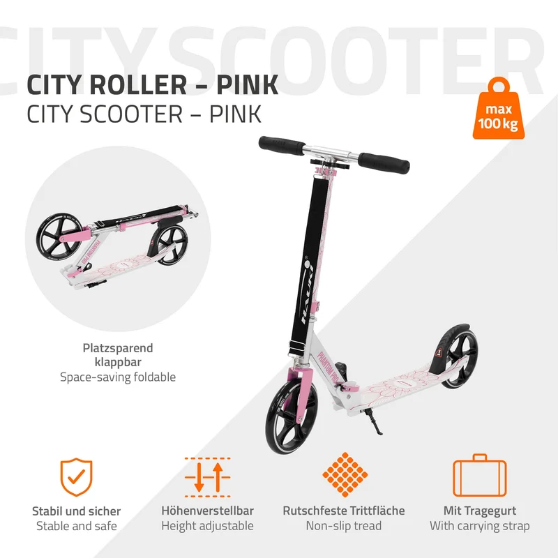 Cityroller Rosa klappbar und höhenverstellbar Scooter mit XXL-Räder Hauki– Tetroller & Kickscooter