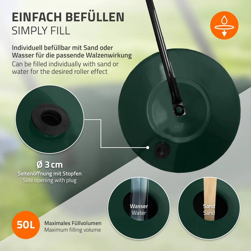 Rasenwalze befüllbar mit Wasser oder Sand 50 Liter Füllvolumen Grün Gartenwalze 60 cm aus Stahl