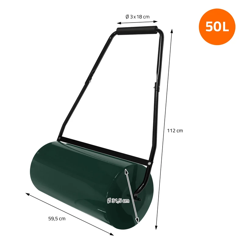 Rasenwalze befüllbar mit Wasser oder Sand 50 Liter Füllvolumen Grün Gartenwalze 60 cm aus Stahl