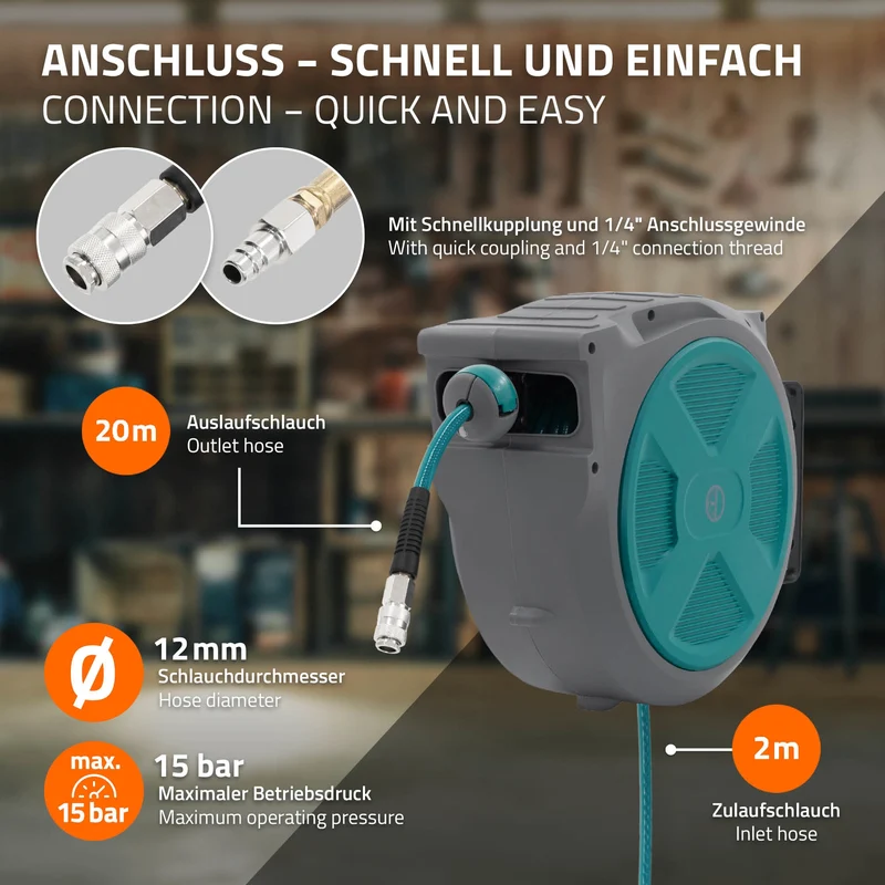 Druckluft Schlauchtrommel Automatik 20 m 1/4" Anschluss für Wandmontage