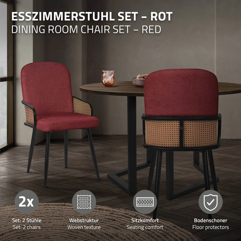 Esszimmerstühle 2er Set Rot mit Arm- & Rückenlehne, Polsterstühle für Esszimmer & Küche ML-Design