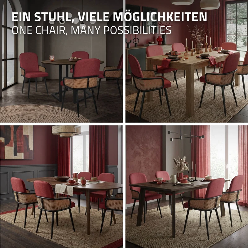 Esszimmerstühle 2er Set Rot mit Arm- & Rückenlehne, Polsterstühle für Esszimmer & Küche ML-Design