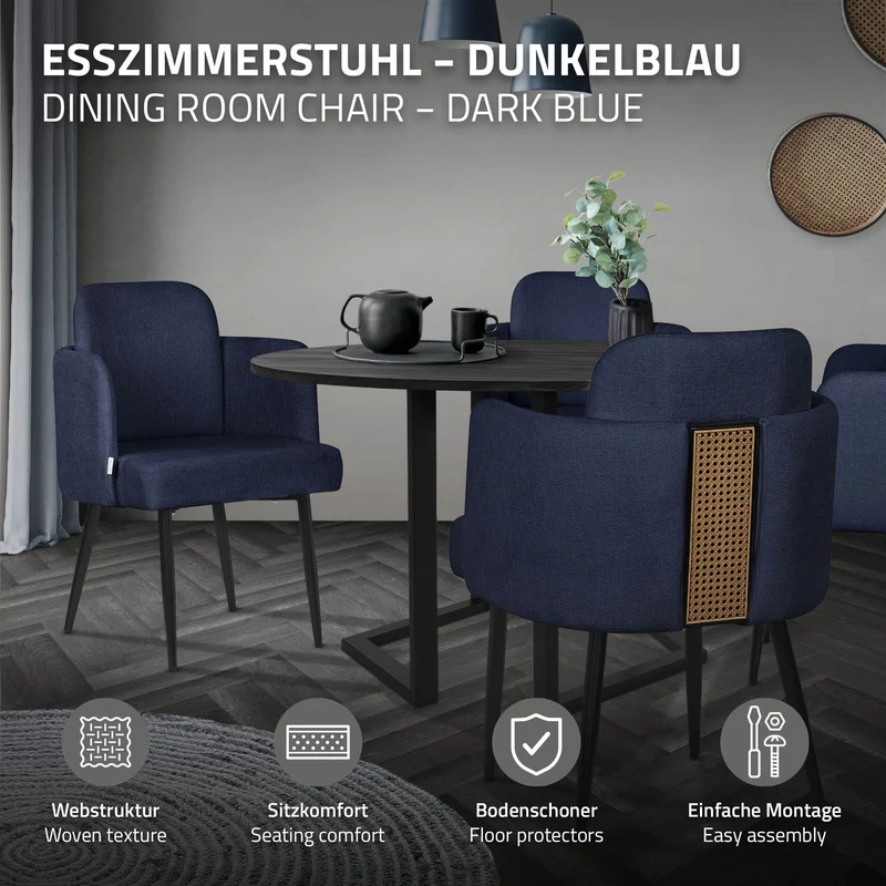 2er Set Esszimmerstühle mit Rücken- & Armlehne Dunkelblau mit Metallbeinen bis 120 kg ML-Design