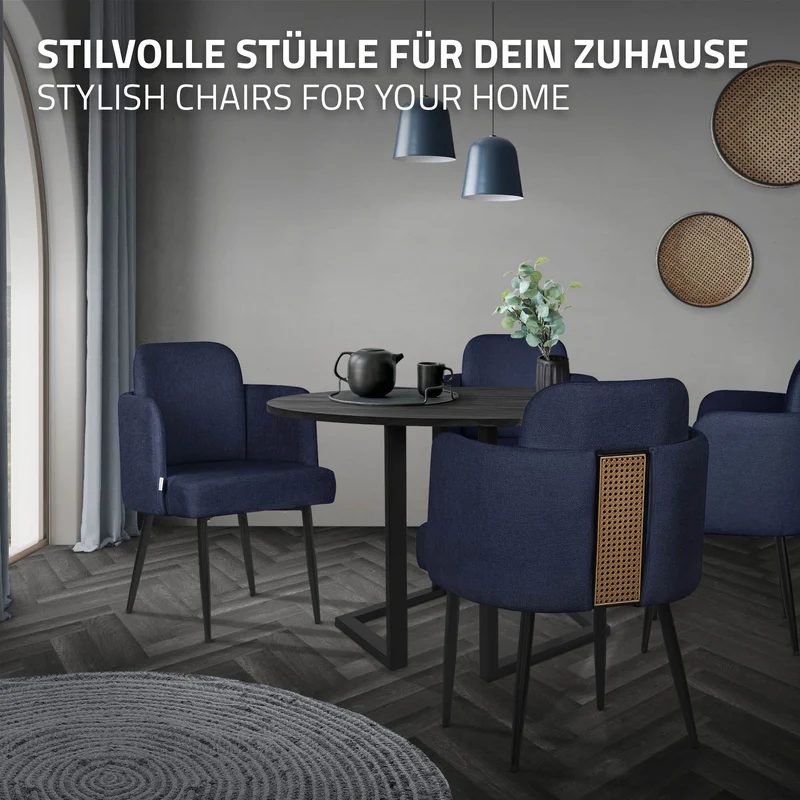 2er Set Esszimmerstühle mit Rücken- & Armlehne Dunkelblau mit Metallbeinen bis 120 kg ML-Design