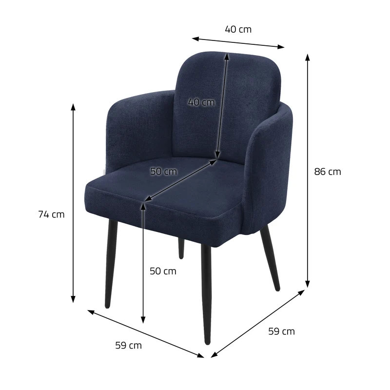 2er Set Esszimmerstühle mit Rücken- & Armlehne Dunkelblau mit Metallbeinen bis 120 kg ML-Design