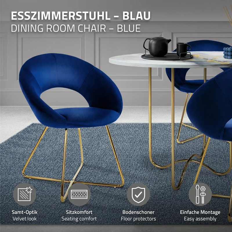 B-Ware Esszimmerstuhl mit runder offener Rückenlehne Blau aus Samt mit goldenen Metallbeinen ML-Design