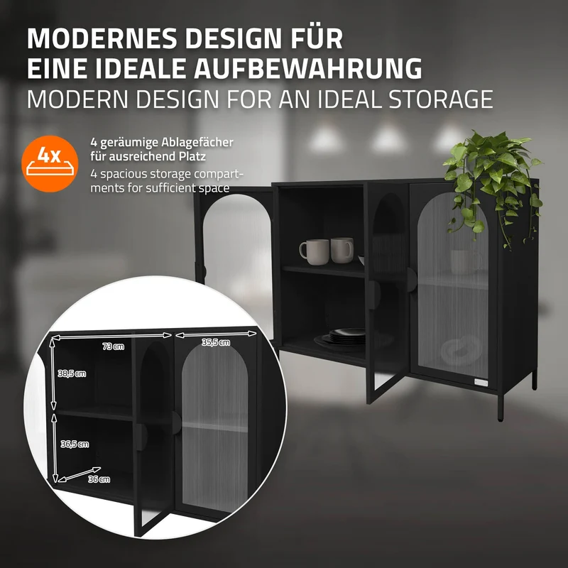 B-Ware Vitrinenschrank 120x93x40 cm Vitrine mit 4 Ablage-/Regalfächer Schwarz aus Stahl ML-Design