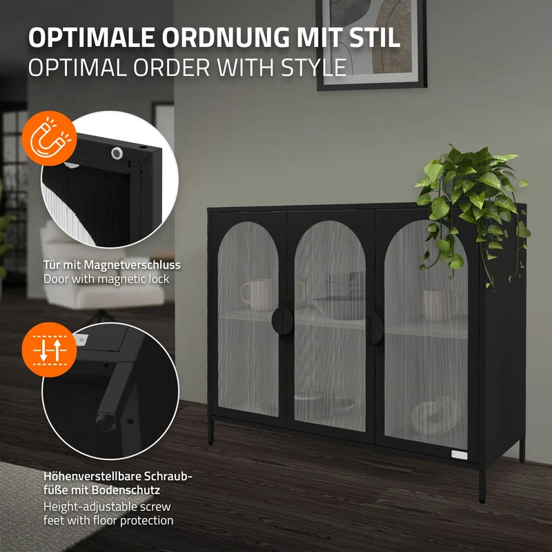 B-Ware Vitrinenschrank 120x93x40 cm Vitrine mit 4 Ablage-/Regalfächer Schwarz aus Stahl ML-Design