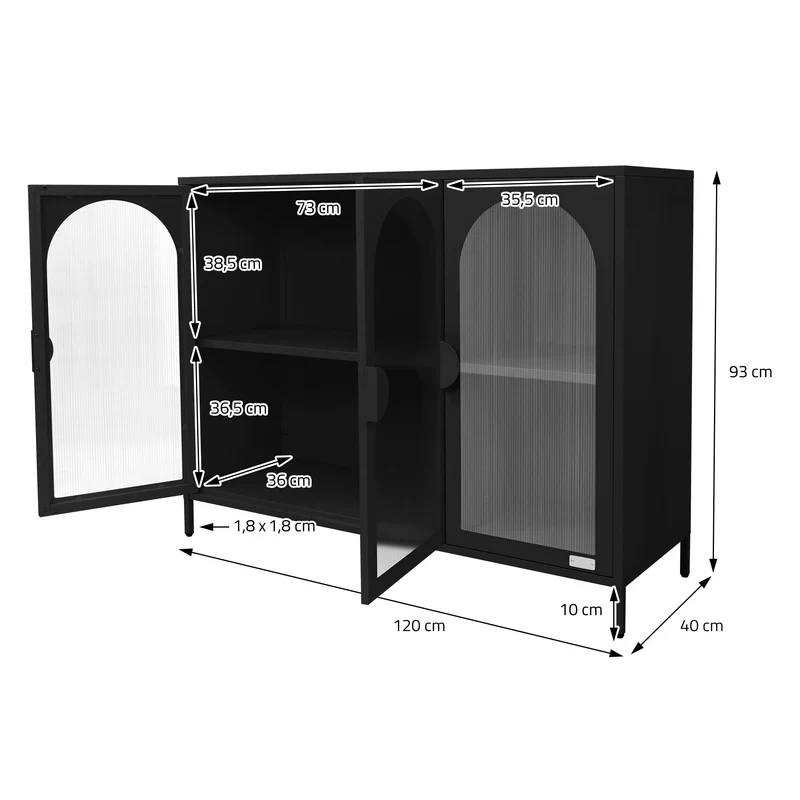 B-Ware Vitrinenschrank 120x93x40 cm Vitrine mit 4 Ablage-/Regalfächer Schwarz aus Stahl ML-Design