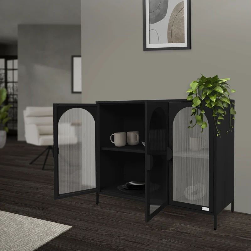 B-Ware Vitrinenschrank 120x93x40 cm Vitrine mit 4 Ablage-/Regalfächer Schwarz aus Stahl ML-Design