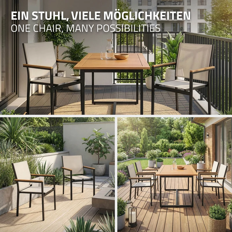Gartenstühle 6er Set mit Armlehnen Beige aus Textilene, Balkonstuhl mit Aluminiumgestell ML-Design