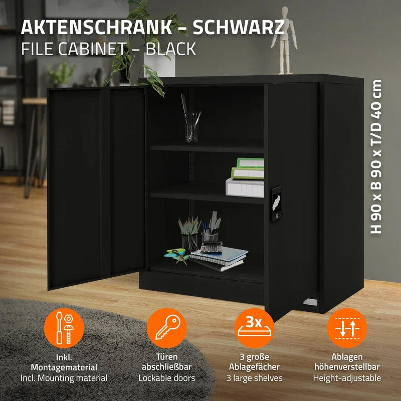 B-Ware Aktenschrank abschließbar 90x40x90 cm Schwarz aus Stahl ML-Design