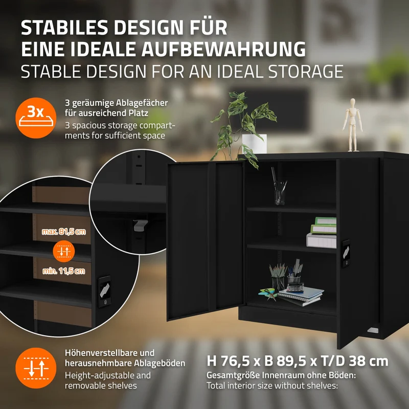 B-Ware Aktenschrank abschließbar 90x40x90 cm Schwarz aus Stahl ML-Design