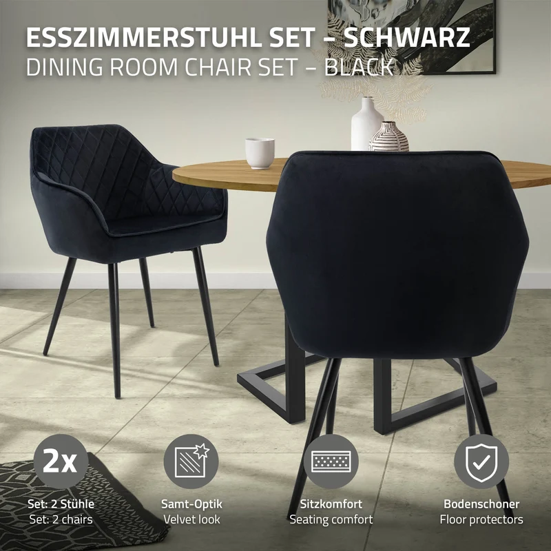 B-Ware Esszimmerstuhl 2er Set Rauten Steppung Schwarz Samtbezug mit Metallbeinen & Armlehne inkl. Montagematerial ML-Design