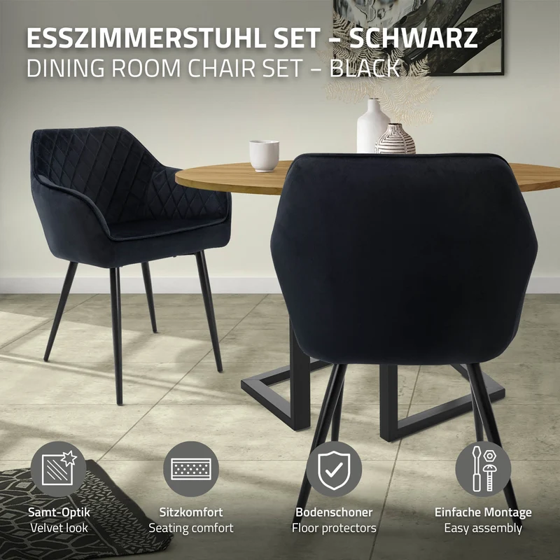 B-Ware Esszimmerstuhl 2er Set Rauten Steppung Schwarz Samtbezug mit Metallbeinen & Armlehne inkl. Montagematerial ML-Design