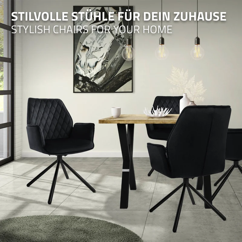 B-Ware Esszimmerstuhl drehbar mit Rücken- und Armlehnen Schwarz Küchenstuhl mit Microfaser-Samtbezug ML-Design