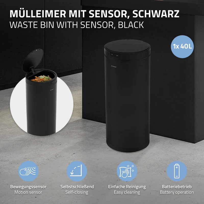 Mülleimer mit Sensor 40L rund aus Stahl Schwarz matt Automatisches Öffnen & Schließen ML-Design
