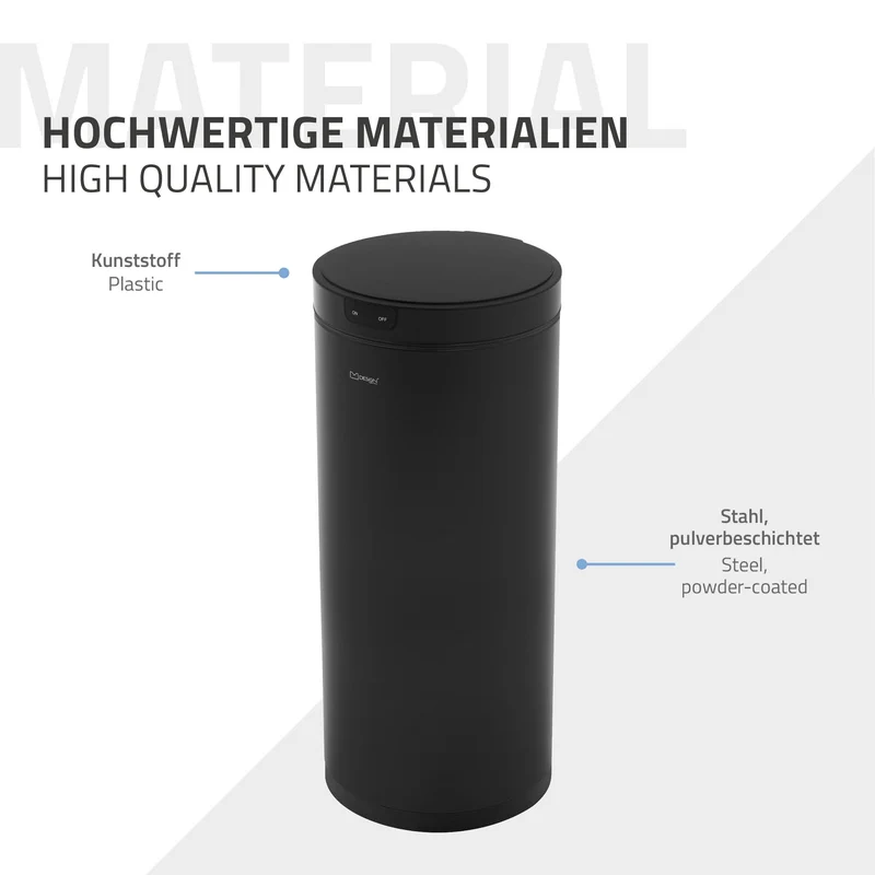 Mülleimer mit Sensor 40L rund aus Stahl Schwarz matt Automatisches Öffnen & Schließen ML-Design