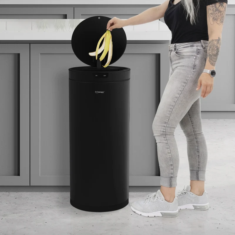 Mülleimer mit Sensor 40L rund aus Stahl Schwarz matt Automatisches Öffnen & Schließen ML-Design