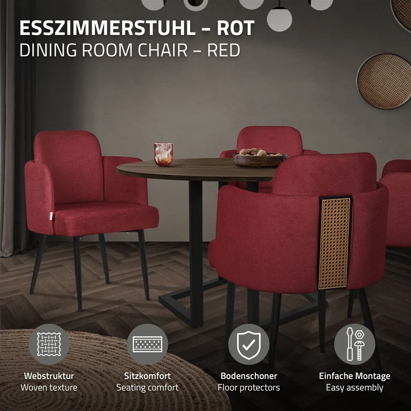 4er Set Esszimmerstühle mit Rücken- & Armlehne Rot mit Metallbeinen bis 120 kg ML-Design