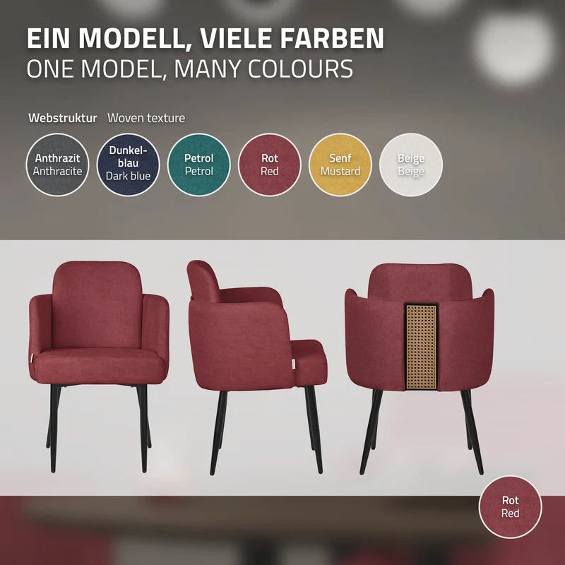 4er Set Esszimmerstühle mit Rücken- & Armlehne Rot mit Metallbeinen bis 120 kg ML-Design