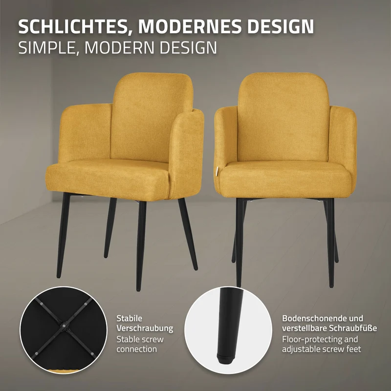 4er Set Esszimmerstühle mit Rücken- & Armlehne Senf mit Metallbeinen bis 120 kg ML-Design