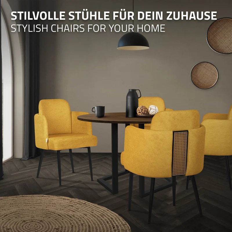 4er Set Esszimmerstühle mit Rücken- & Armlehne Senf mit Metallbeinen bis 120 kg ML-Design