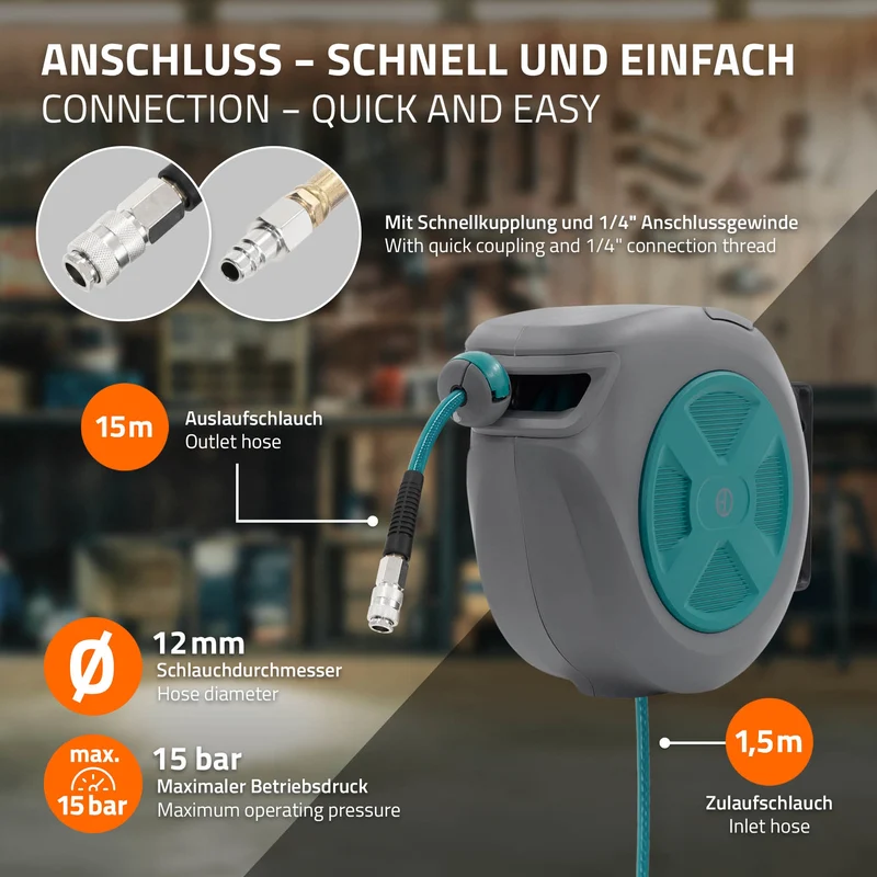 Druckluft Schlauchtrommel Automatik 15 m 1/4" Anschluss für Wandmontage