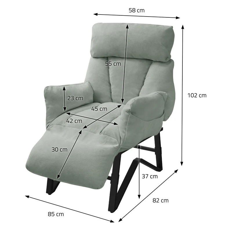 ML-DESIGN | Sessel mit Liegefunktion 85x82x102 cm aus Leinenstoff Grau/Grün Relaxsessel Fernsehsessel mit verstellbarer Rückenlehne, Armlehnen & Fußablage