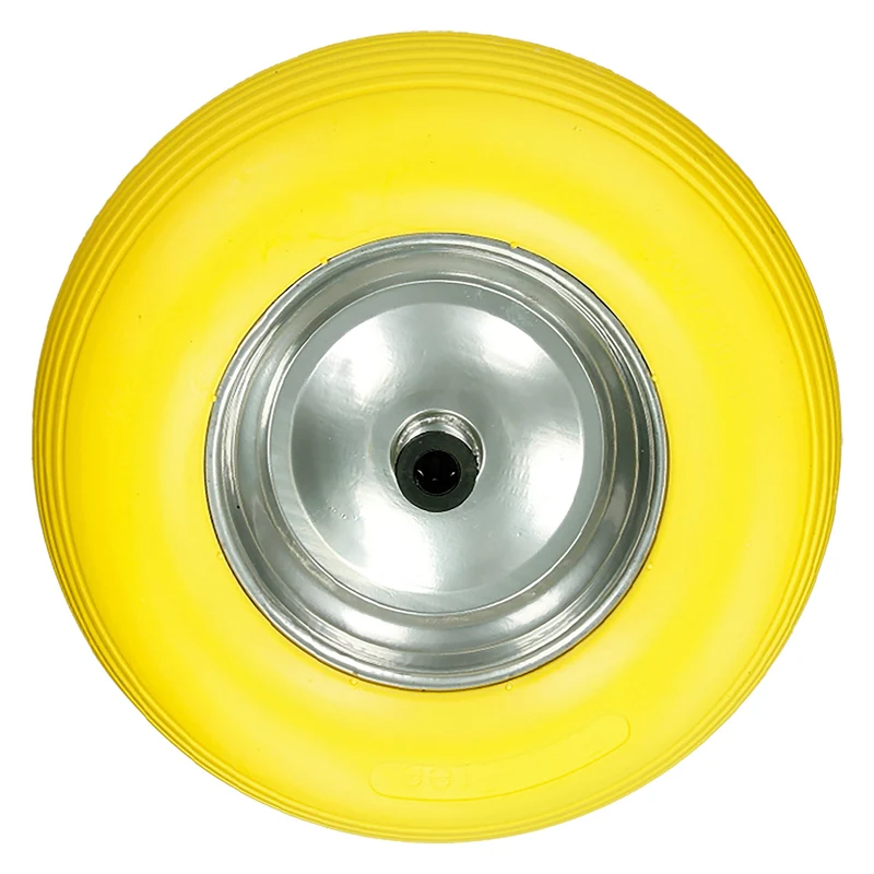 4er Set Schubkarrenrad 390 mm 4.80/4.00-8 mit Achse Gelb aus PU Vollgummi