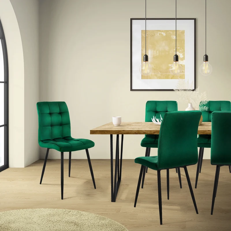B-Ware Esszimmerstuhl 4er Set Große Quadrat Steppung Dunkelgrün Samtbezug mit Metallbeinen inkl. Montagematerial ML-Design