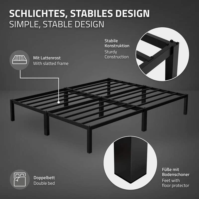 B-Ware Metallbett mit Lattenrost 160x200 cm Schwarz ML-Design