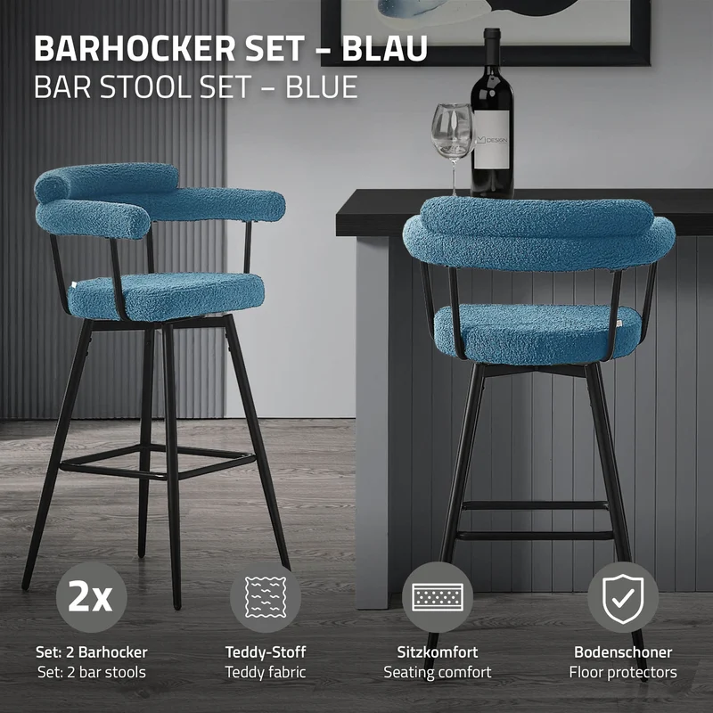 2er Set Barhocker 360° drehbar Blau 61x103x55 cm mit Arm-, Rückenlehne und Fußstütze bis 120 kg ML-Design